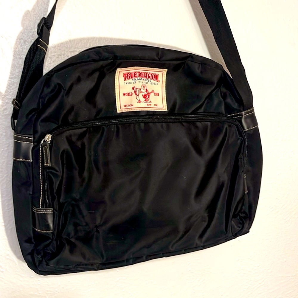 True Religion Black Nylon Messenger Bag with Cream Logo Patch